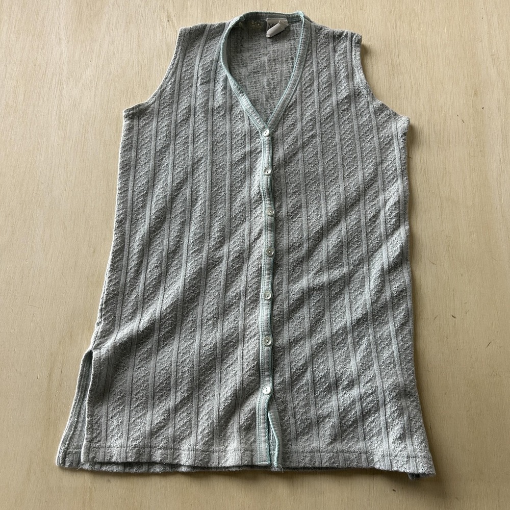 Moda Intl Sweater Vest Womens Med Blue V Neck Striped Button Tight-Knit Cotton